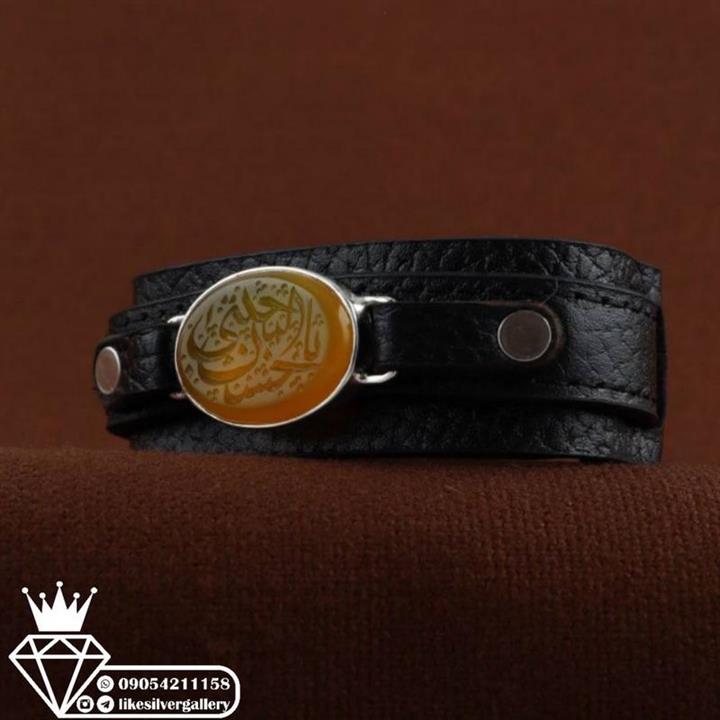 دستبندمردانه شرف الشمس چرم گاوی طبیعی قاب دور نگین(نقره دستساز)کد619